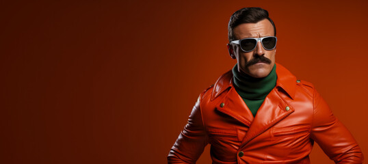 Obraz premium Man in the daring costume of a superhero isolated on a vivid background with a place for text 