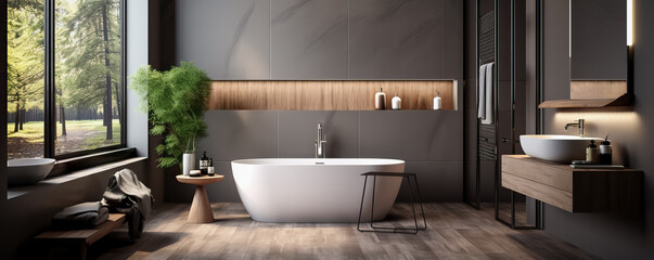 Muted tones and clean lines converge in a minimalist bathroom featuring futuristic fixtures for a sleek and serene ambiance 