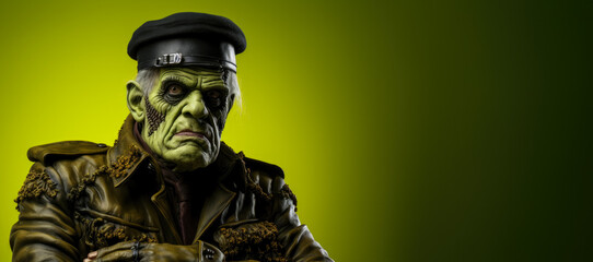 Fototapeta premium Old man in the iconic costume of a Frankenstein's monster isolated on a vivid background with a place for text 