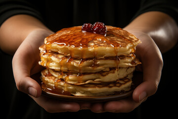 Sweet Childhood Memories. Hands holding a stack of pancakes topped with syrup, representing the nostalgic and comforting aspects of childhood food favorites. Generative Ai.
