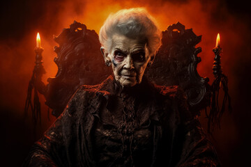 Old woman in the haunting costume of a vampire isolated on a vivid background with a place for text  - obrazy, fototapety, plakaty