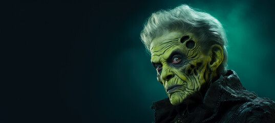 Old woman in the iconic costume of a Frankenstein's monster isolated on a vivid background with a place for text 