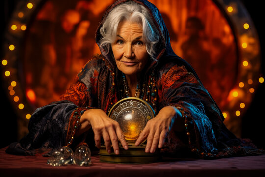 Old woman in the mystical costume of a fortune teller isolated on a vivid background with a place for text 
