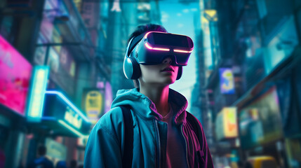 Fototapeta premium Teenager wearing VR headset explore metaverse, playing an exciting video game in neon cyberpunk city street, immersive futuristic virtual reality experience