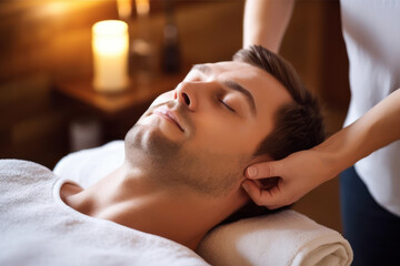 Fototapeta na wymiar Young man having facial massage and face treatment in a beauty salon.