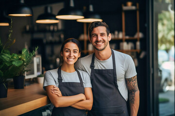 Couple barista friendly greeting in cafe coffee shop business concept