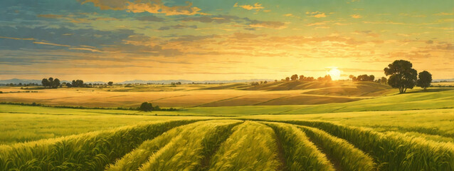Rural landscape with wheat field on sunset