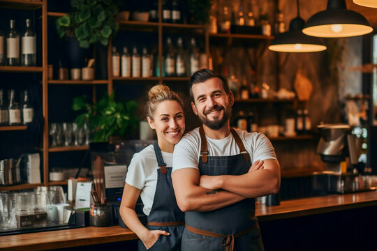 Couple barista friendly greeting in cafe coffee shop business concept