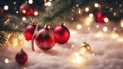 Christmas background with spruce branches decorated with Christmas baubles, snowflakes, and lights.
