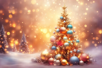 Obraz premium Christmas background with spruce branches decorated with Christmas baubles, snowflakes, and lights.