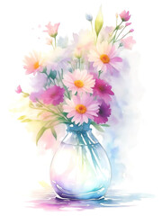 Obraz premium Bouquet of beautiful flowers in a glass vase isolated on white, watercolor retro style flower background