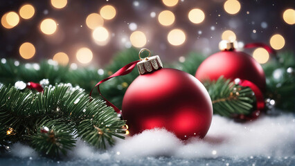 Fototapeta na wymiar Christmas background with shiny balls, Christmas tree and blurred lights.