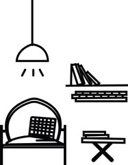 Top view of set furniture elements outline symbol for bedroom, kitchen, dining room and living room. Interior icon bed, chair, table and sofa.