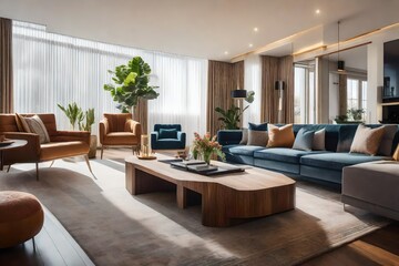 The living room should be brimming with carefully selected furniture and thoughtful design elements, offering a harmonious and inviting atmosphere - AI Generative