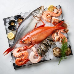 Assorted Fresh Seafood on Ice, Ready for Cooking