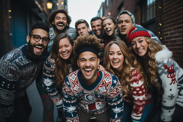 fun-filled photo of individuals proudly wearing their most creative ugly Christmas sweaters, adding...