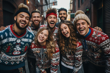 fun-filled photo of individuals proudly wearing their most creative ugly Christmas sweaters, adding...