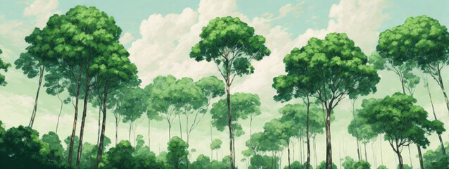 Looking up at the green tops of trees.