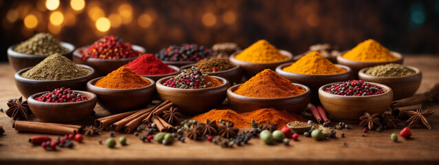 Colorful spices on wooden table - obrazy, fototapety, plakaty