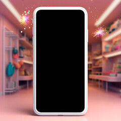 Mobile phone mockup concept with pink theme retail store background (Generative AI)