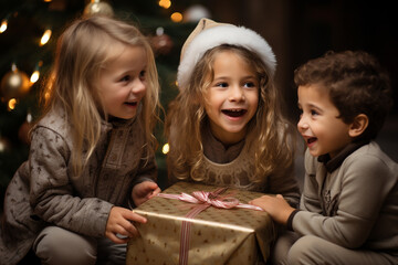Fototapeta na wymiar captivating photo of children's expressions as they discover the beautifully wrapped presents beneath the Christmas tree