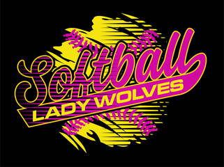 lady wolves softball team design with ball and stitches for school, college or league sports