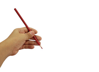 A red pencil in hand isolated on a white background with copy space, designer conceptual for creative.