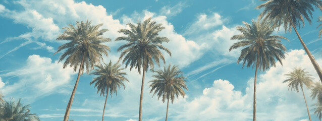Blue sky and palm trees view from below, vintage style, tropical beach and summer background, travel concept - Powered by Adobe
