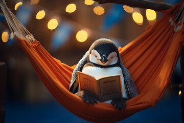 Obraz na płótnie Canvas Cute Penguin's Leisurely Reading in a Hammock - Generative AI