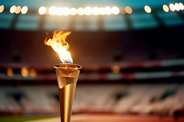 Flame burns in Olympic torch against blurred sports arena - Powered by Adobe