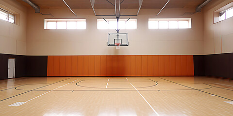 Empty school sports hall with wooden floor and basketball backboard - Powered by Adobe