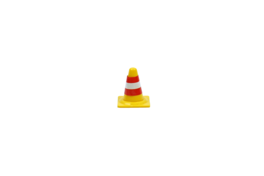A toy traffic cone isolated on white background, abstract traffic and warning concept, PNG