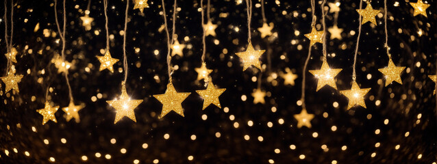 Gold star light hanging on dark background