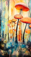 Psychedelic forest landscape with orange mushrooms, fantasy art, poster.