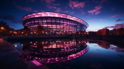 A stadium with a purple roof and lights that says the world cup on it. - obrazy, fototapety, plakaty