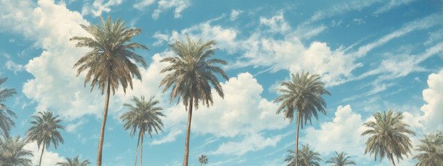 Blue sky and palm trees view from below, vintage style, tropical beach and summer background, travel concept