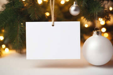 Layout of a white card postcard with a gift box near the Christmas tree with a garland