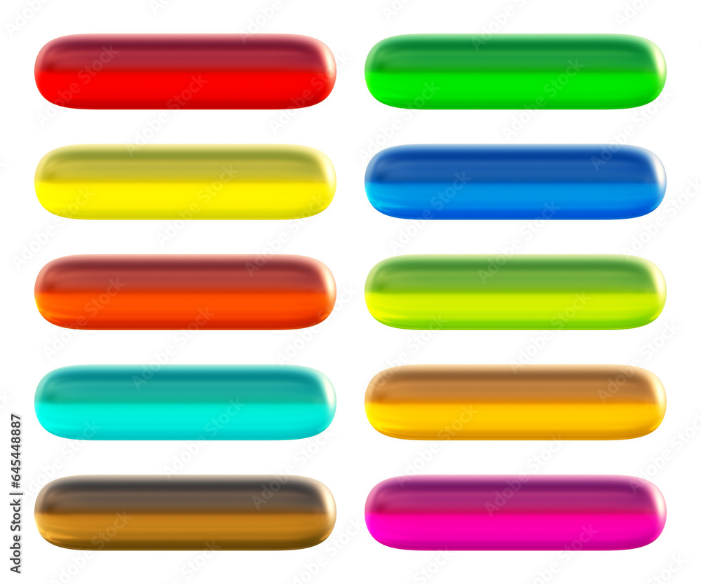 Poster set of round rectangle shape buttons in 3d rendering isolated on transparent background for text, in