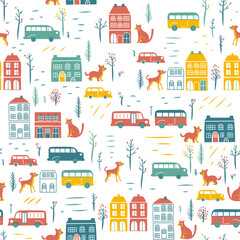 Dog and cats in town, that looks like London. Old fashion houses and cars, road, trees, hearts. Cute design for kids apparel. Vector seamles pattern