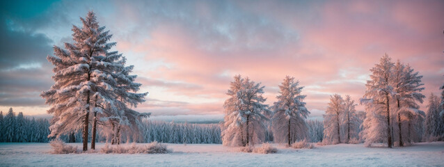 Pine trees covered with snow on frosty evening. Beautiful winter panorama - obrazy, fototapety, plakaty