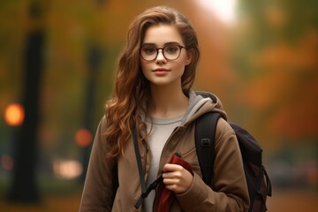 Fototapeta premium A student girl with a backpack and glasses in the park in autumn