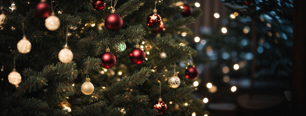 Obraz na płótnie Canvas Festive Christmas tree with decorations, lights, and 