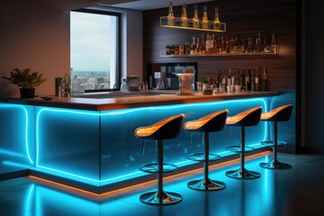 Modern kitchen with a bar counter and neon lighting
