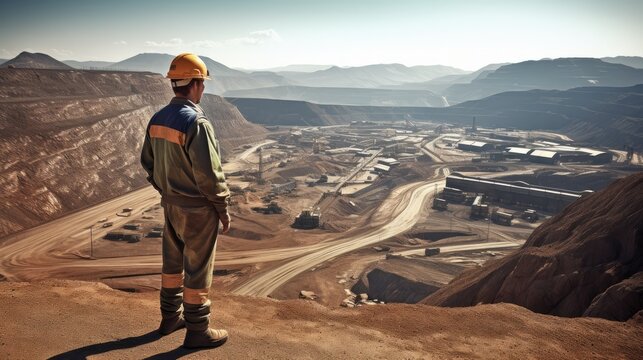 image depicting a skilled copper mine worker conducting a survey in an expansive open-pit mine.