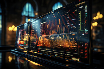 Illuminated stock market tickers display constantly changing prices, capturing the dynamic nature of stock trading. Concept of Market Flux. Generative Ai. - Powered by Adobe