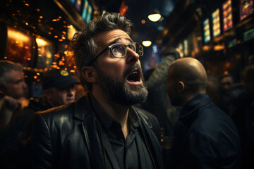 Traders react to breaking news, demonstrating the immediate impact of global events on stock prices. Concept of News-Driven Trading. Generative Ai.