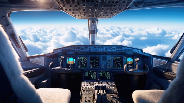 cockpit pilot's flight deck display, featuring the throttle and control panel of a jet cabin.