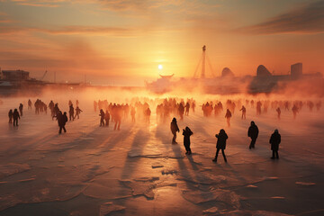 dynamic photo of people ice skating on a frozen lake, surrounded by a snowy winter landscape - obrazy, fototapety, plakaty