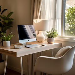 Cozy minimalist home office with soft serene ambiance. Modern interior design. Workplace, work-life balance, harmony. Laptop, desk and char furniture. AI generative.