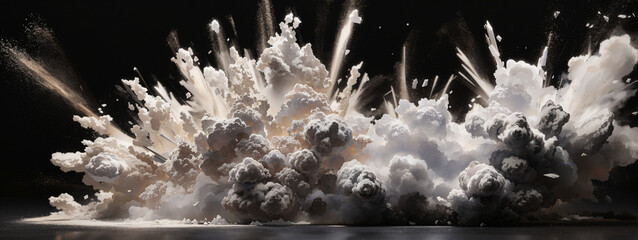 Abstract white powder explosion isolated on black background.